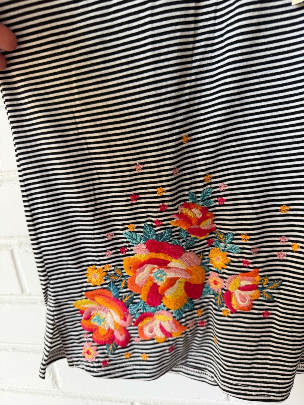 Savanna Jane Black & White Striped Floral Embroidered Flutter Sleeve Top - Picture 2 of 5